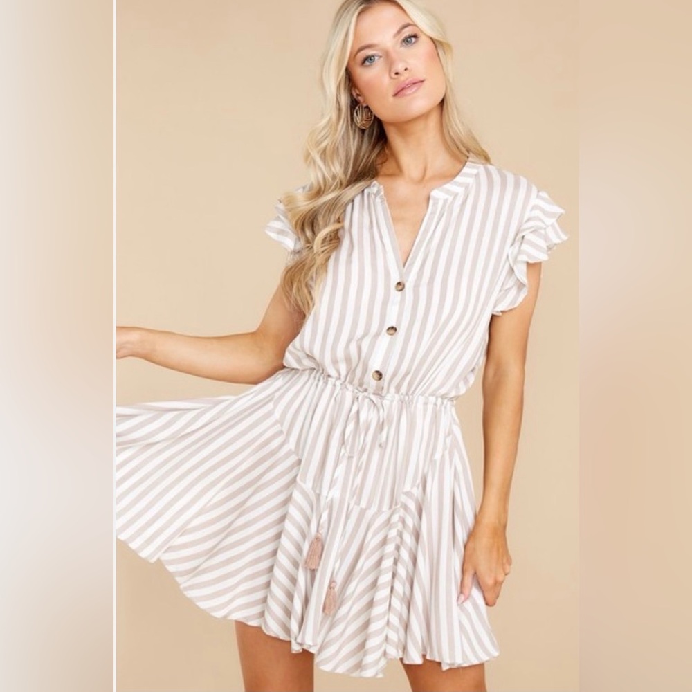 Aakaa White and Tan Striped Mini Dress